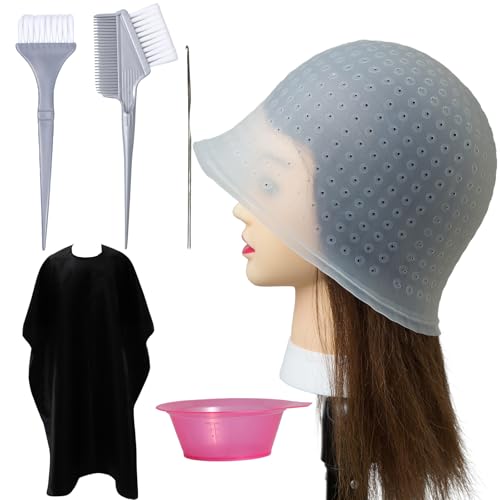 Punched Hole Silicone Highlight Hair Cap with Needle Kit Professional Reusable Highlighting Poked Hole Caps with Hooks for Color Hair Salon Hairdressing Dyeing Staining Tools for Women Men