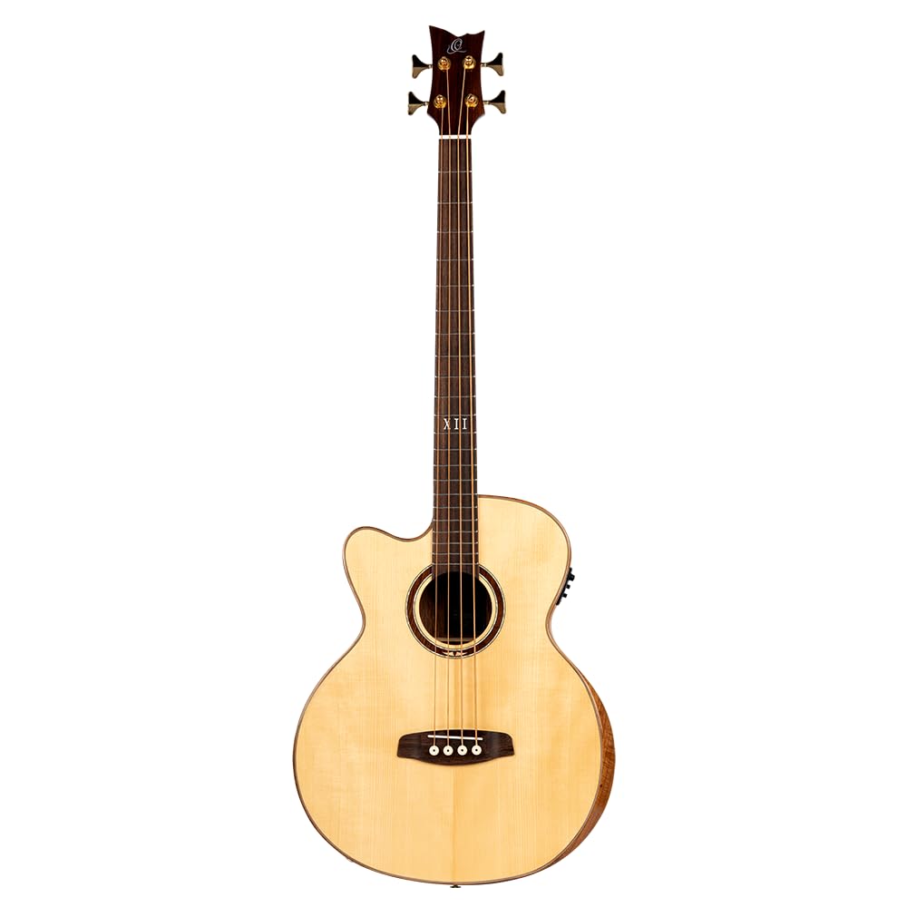 Ortega Guitars Bass Elektro-Akustisch Linkshänder – Medium Scale, mit Cutaway, Armrest – The Private Room Series – Massive Alaska Fichte / Gestreiftes Ebenholz, Hochglanz Natur (STRIPSU.ACB-L)