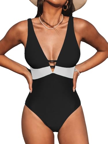 CUPSHE Women One Piece Swimsuit with Cutout V Neck, Adjustable Straps, Colour Block and O Ring, Black/White, S