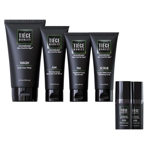 Tiege Hanley Skin Care Set for Men Anti Aging Routine System Level 3 Daily Face Wash Facial Scrub Two Moisturizers Eye Cream and Serum for Healthy Hydrated Skin Mens Skin Care 6 Piece Kit