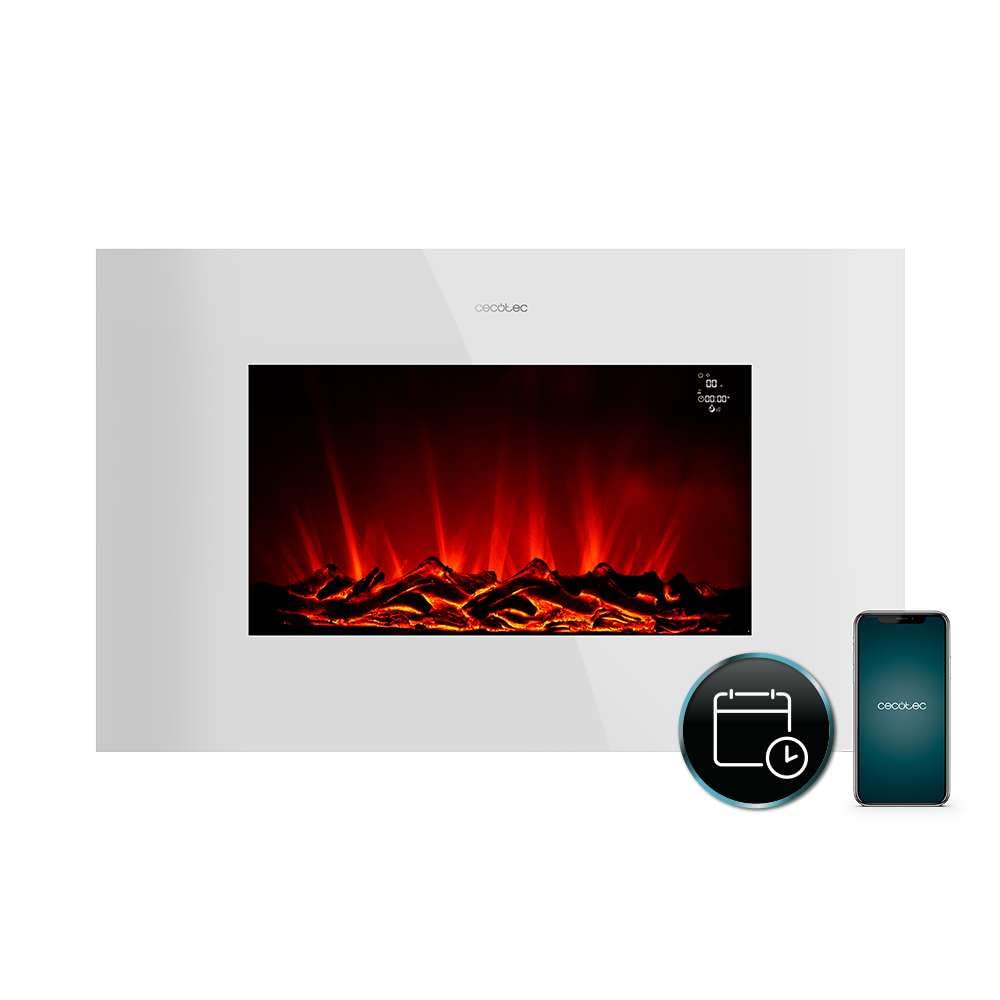 Cecotec Camino Elettrico Decorativo 35” con Telecomando e WiFi ReadyWarm 3590 Flames Connected White. Massima Potenza 2000W, 2 Intensità, Pannello Piatto Cristallo Temperato, Fiamma Regolabile, Timer
