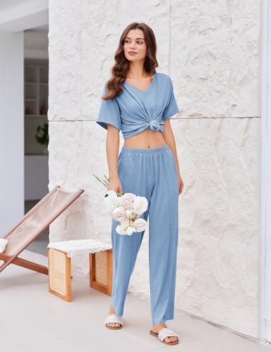 Image of Ekouaer Pajamas for Women Set 2 Piece Short Sleeve Tops with Long Pants V Neck Soft Pjs Casual Lounge Set with Pockets
