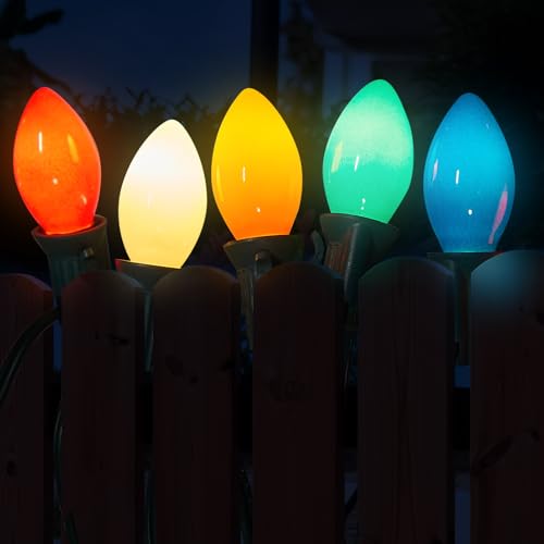 Image of C7 Vintage Christmas Lights Outdoor Multicolor Tree String, 25FT Colorful Indoor Hanging Decorations for House Garden Patio Party (Green Wire)