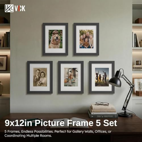 Image of VCK 9x12 Frame 5 Pack, Black Wood, 6x8 Mat, Glass, for Picture Photo