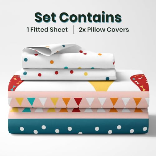 Image of LORETO - A QUALITY LINEN BRAND 144 TC 100% Pure Cotton King Size Fitted Bedsheet with 2 Pillow Covers for 72 x 72 Inch Mattress, All-Around Elastic, 8 Inch Deep Pocket, Blue & Red Balloon