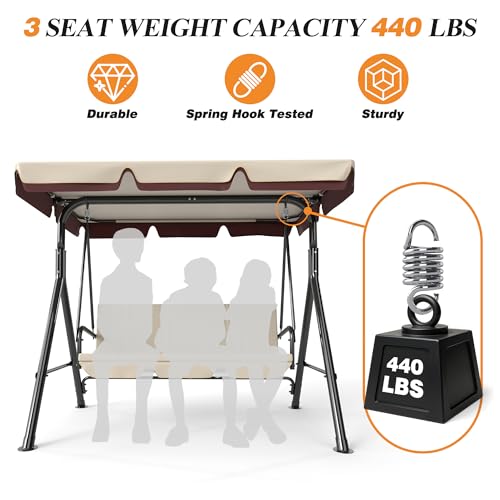 Image of GARTOO 3-Seat Patio Swing Chair, Outdoor Porch Swing with Adjustable Canopy and Durable Steel Frame for Patio, Garden, Poolside (Beige)