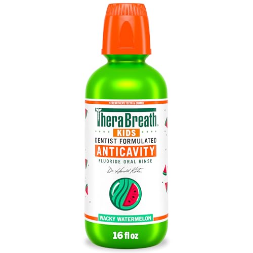TheraBreath Kids Organic Wacky Watermelon Mouthwash with Fluoride, Anticavity, Dentist Formulated, 16 Fl Oz