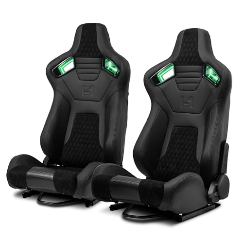 ModifyStreet [Neon Racer] Pair of All Black PVC w/Suede Snake Pattern & Rear Carbon Fiber Style leather Reclinable Racing Seats W/Sliders
