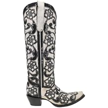 Corral Boots Womens Floral Sequin Overlay Embroidered Tall Snip Toe Pull On Casual Boots Knee High Mid Heel 2-3" - Black, White