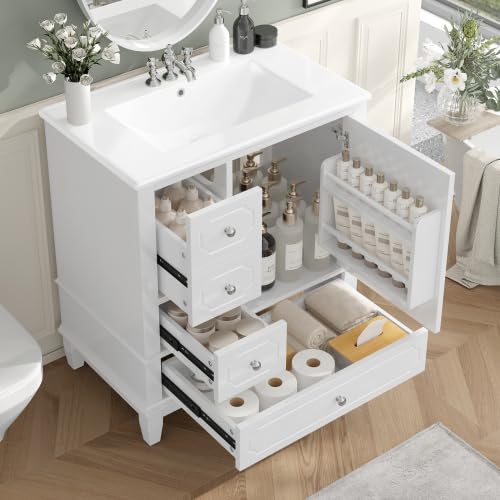 Image of Bellemave 30 inch Bathroom Vanity with Ceramic Sink & 3 Drawers, Bathroom Cabinet with Storage Shelves & Solid Wood Base, Freestanding Vanity Cabinet with Soft-Close Door with Organizer (White /30)