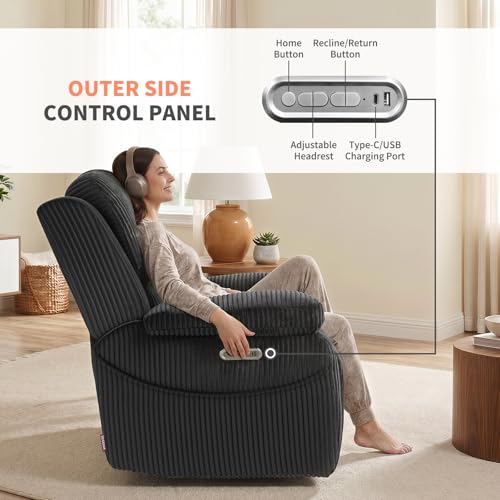 Image of EONIX Real Zero Clearance Wall Hugger Power Recliner Chair with Adjustable Headrest for Small Spaces, RV, Living Room, Bedroom, 24.4'' Seat Width, 400lbs Heavy Duty, SXXY017992, Corduroy, Jet Black
