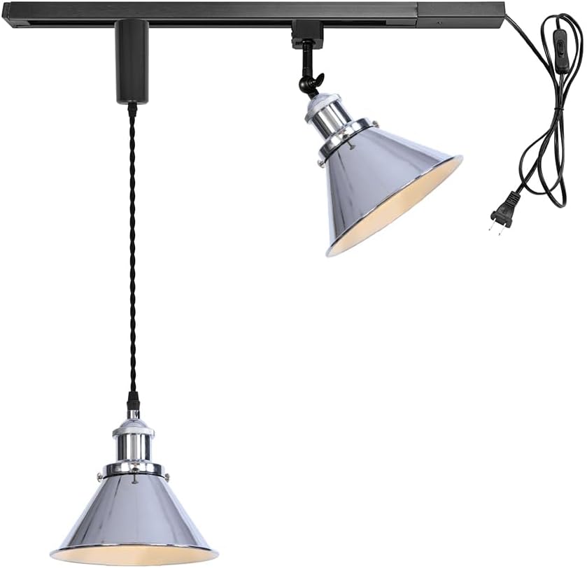 1x Plug in Cable Track Rail, 1X Adjustable Cord, 1x Adjustable Angle Silver Metal Track Lighting Fixtures H-Type Vintage Design for Kitchen Loft Counter(No Bulb)