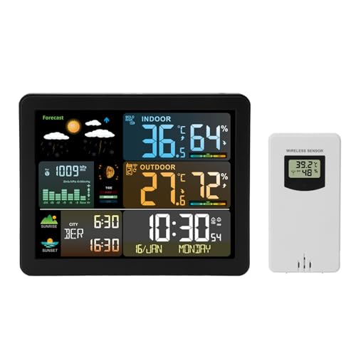Weather Station Indoor Outdoor with Large Display Outdoor Sensor Temperature Humidity Barometer Weather Forecast Moon Phase Alarm Clock for Home Use