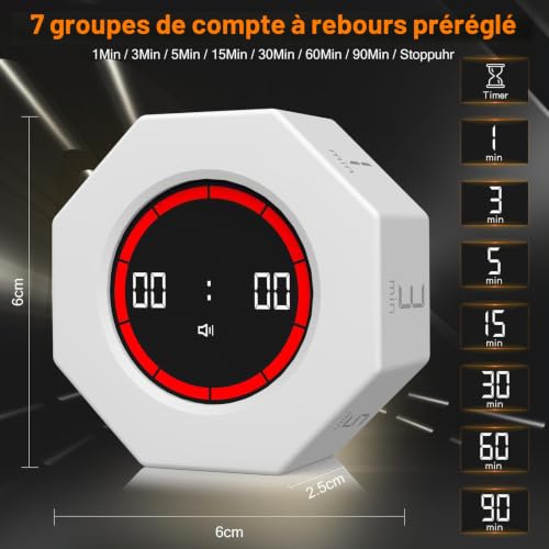 Dealswin Minuteur Visuel Rechargeable,Timer de Retournement par Gravité, Pomodoro Timer Compte à Rebours de Réglage du Volume,Minuterie à Utiliser Lors de l'apprentissage, Fitness, Cuisine (Blanc) – vue 4