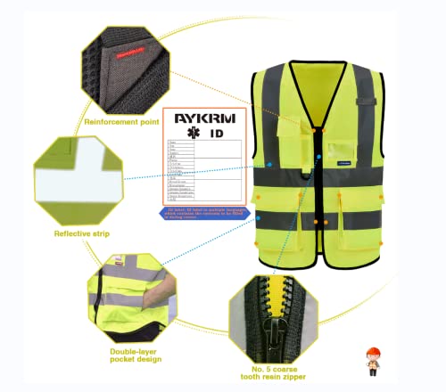 Image of 5 Pack Reflective Construction vests Zipper(Medium) | Yellow M Class 2 5-pack vests with reflective strips, mic tabs and 7 pockets for warehouse operations; 21 color options.