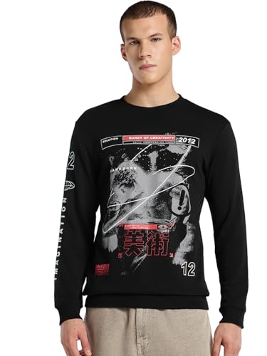 Sweat-shirt en polaire homme noir imprimé graphique manches longues taille 40