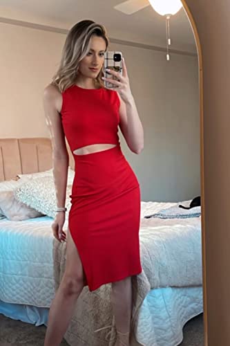 Image of PRETTYGARDEN Women's Summer Midi Bodycon Dresses Casual Crew Neck Side Slit Sleeveless Knit Cut Out Tank Top Dress