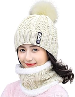HIDARLING Winter Beanie Hat and Circle Scarf Set for Women Warm Knitted Hat with Faux Fur Bobble Pom Pom and Fleece Lining, Outdoor Sports Hats