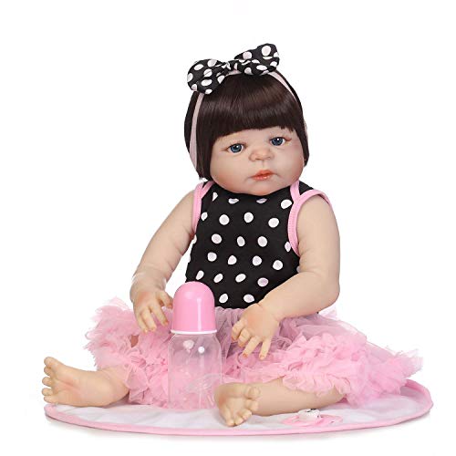 DFJU 22 Zoll Real Life Silikon Vinyl Ganzkörper Reborn Babypuppe, Neugeborene Mädchen Puppe in rosa Karo Rock…