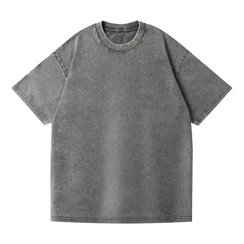 Men Loose Round Collar Cotton T Shirt Distressed Breathable Daily Pullover Tops Summer Classic Solid Street Shirts (Grey,4X-Large)