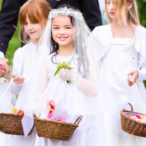 AUGSUN 4Pcs Girls First Communion Veils Set - White Pearl Floral Crown Veil, Lace Gloves, Necklace & Bracelet for Girls Wedding Party Costume2