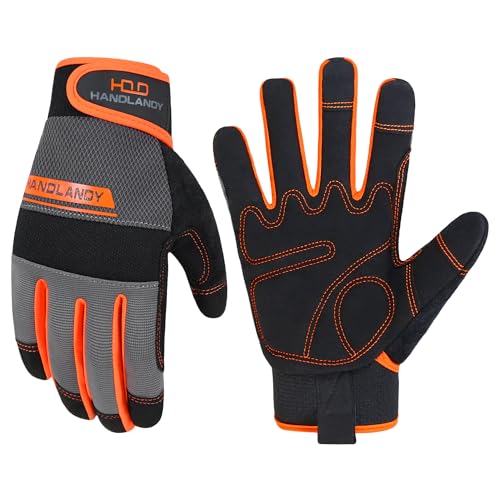 HANDLANDY Work Gloves Mens & Women, Utility Safety Mechanic Working Gloves Touch Screen, Flexible Breathable Yard Work Gloves (Medium, Orange)