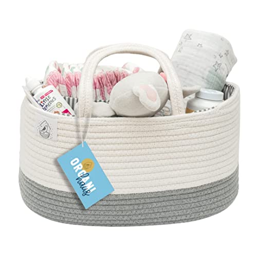 OrganiHaus Cesta Bebé para Pañales, Cambiador y Accesorios | Cesta Organizadora Bebé con Compartimentos y Asas | Cesta Almacenaje Bebe Ideal como Regalo Recién Nacido - Blanco / Gris