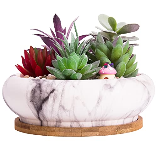 ARTKETTY Pot de Fleur, Grand Pot pour Succulentes Pot à Bonsaï en Marbre avec Plateau Pot en Céramique pour Plantes D'intérieur