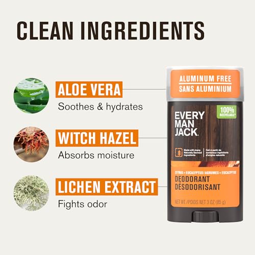 Image of Every Man Jack Citrus + Eucalyptus Men's Deodorant - Stay Fresh with Aluminum Free Deodorant For all Skin Types - Odor Crushing, Long Lasting, with Naturally Derived Ingredients - 3oz (3-Pack)