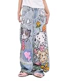 Unisex Y2k Kawaii Funny Hand Painted Cat Puppy Graffiti Jeans Hiphop Vintage High Waist Baggy Casual Wide Leg Pants (Blue,Large)