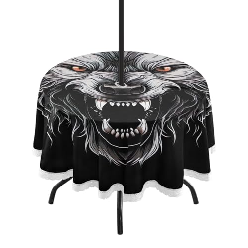 Wajiw 60 Inch Indoor Outdoor Round Tablecloth with Umbrella Hole and Zipper Waterproof Patio Table Cover for Camping Dining Room Party Outdoor Picnic,Wolf