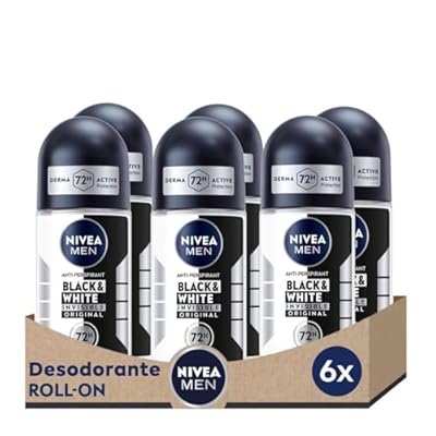 NIVEA MEN Black & White Invisible Original - Desodorante de Hombre Invisible Roll-on - 72h Protección Antitranspirante - Sin Alcohol - Anti Sudor  Olor  Manchas  Irritación y Residuos - Pack 6 x 50 ml