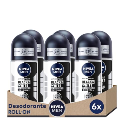 NIVEA MEN Black & White Invisible Original - Desodorante de Hombre Invisible Roll-on - 72h Protección Antitranspirante - Sin Alcohol - Anti Sudor, Olor, Manchas, Irritación y Residuos - Pack 6 x 50 ml