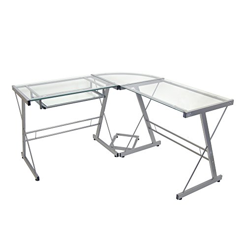 Walker Edison Ellis Modern Glass Top L Shaped Corner Gaming Desk with Computer Keyboard Tray, 51 Inch, Silver