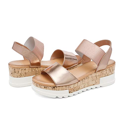 DREAM PAIRS DREAM PAIRS Womens Open Toe Elastic Strap Casual Flatform Platform Wedges Sandals,Size 9,Champagne,REED-2