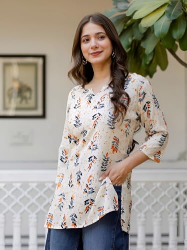 Image of Women's Floral Leaf Print Tunic Top, Beige, Rayon Blend, 3 /4 Sleeve, Notch Neck, Regular Fit, Casual Wear