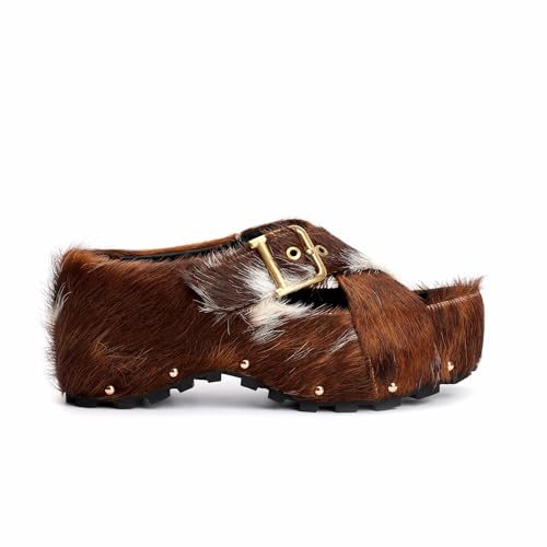 Image of XOBZJH Long-Hair Calfskin Chunky Clog Slide for Women - Memory Foam Luxury Slip on Shoes Women's Mules & Platform Clogs,Designer Mules for Women 2025