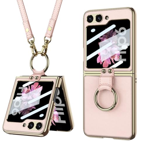 Image of BOUNCEBACK Electroplated Leatherette Case /Cover Ring with Strap for Samsung Galaxy Z Flip 6 / Galaxy Flip 7 FE (2025) Case Cover - (Pink | Faux Leather)