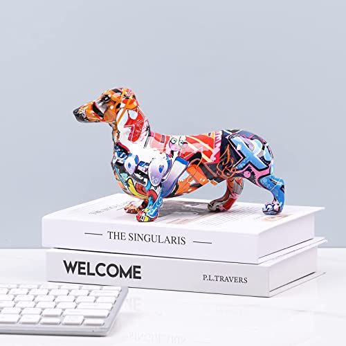 Kreative bemalte bunte Dackel Hund Dekoration Zuhause Modern Weinschrank Büro Dekor Desktop Harz Handwerk Miniaturen Statue (21,8 x 7,9 x 14 cm)