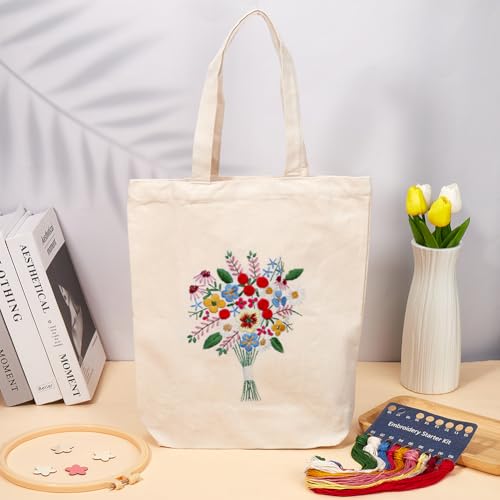 CRASPIRE Canvas Tote Bag Embroidery Kit Flower Floral DIY Cross Stitch Kit White Cotton Fabric with Embroidery Needles Color Threads Plastic Embroidery Hoop for Beginners Adults Arts Crafts Supplies