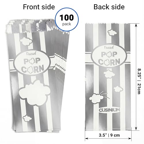 Image of CUSINIUM 1oz Metallic Silver Paper Popcorn Bags (100-pack) - Carnival Theme - Customizable