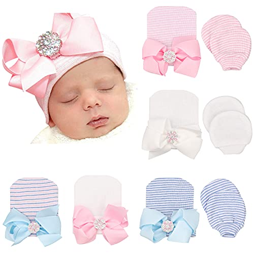 Image of BQUBO Newborn Baby Caps Mittens for Baby Girls Baby Hats Scratch Mitten Gloves Set Soft Hospital Hat Infant Hats with Bow