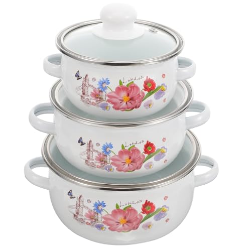 EXHUMKY Olla Esmaltada para Sopa Doble Asa Mini Olla Portátil de Cocina Fondo Plano para Guisos Uso Doméstico y Camping Diseño Retro Aleatorio 3 Piezas