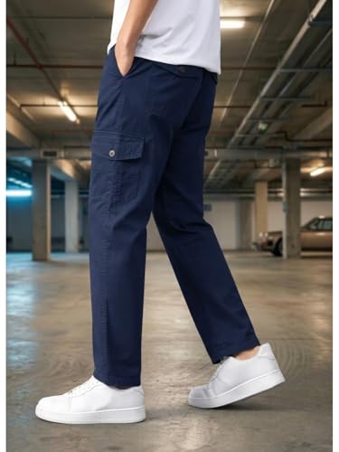 Image of Men's Cargo Trousers-100% Premium Cotton Regular Fit Lightweight Breathable Elastic Waist Multi-Pocket Casual Utility Pants