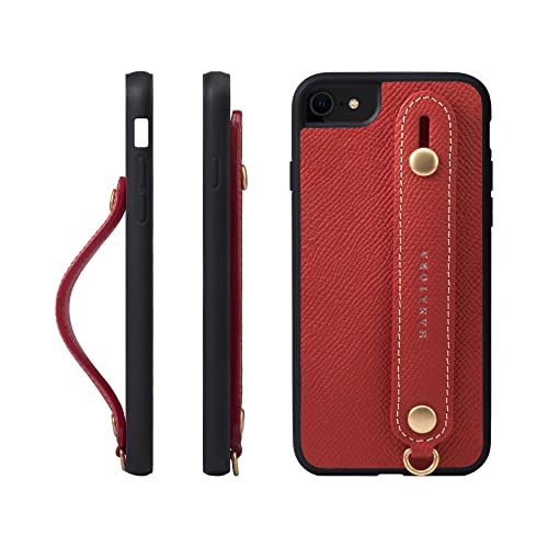 iPhone 8 / iPhone 7 / iPhone SE3 / SE2  ケース 本革 グリップケース エンボスレザー ストラップ付属 片手操作 スタンド機能 メンズ レディース レッド NGH-8SE-Red