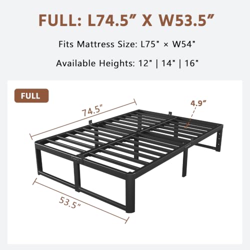 Image of ZTH Full Size Metal Platform Bed Frame 16 in, No Box Spring Needed, Black | Heavy duty support, Underbed storage, Noise-free design, Anti-slip clips, Rounded legs, Easy assembly, Headboard compatible