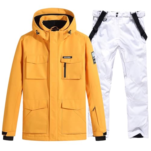 RIUIYELE Men's Ski Suits Windproof Snowboard Ski Jacket and Pants Set Insulated Snowsuit Winter Warm Snowboarding Snow Jackets Yellow+White S