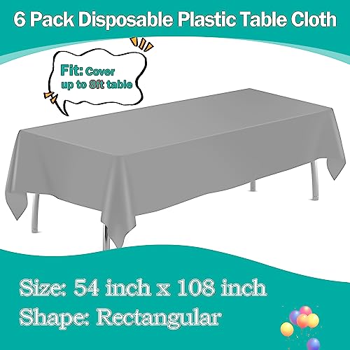 Image of tujol Silver 6 Pack Plastic Table Cloth 54 inch x 108 inch, Disposable Tablecloths Rectangle Table Cover, Plastic Tablecloths for Parties