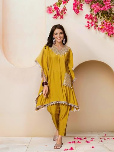 Image of ishin Women Mustard Embellished Zari Work Kaftan with Solid Pants