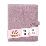 AZXCG A5 Notebook PU Leather Binder,6 Ring Refillable Journal,Press Button,Embossed Leather Binder for Women(Light Purple)